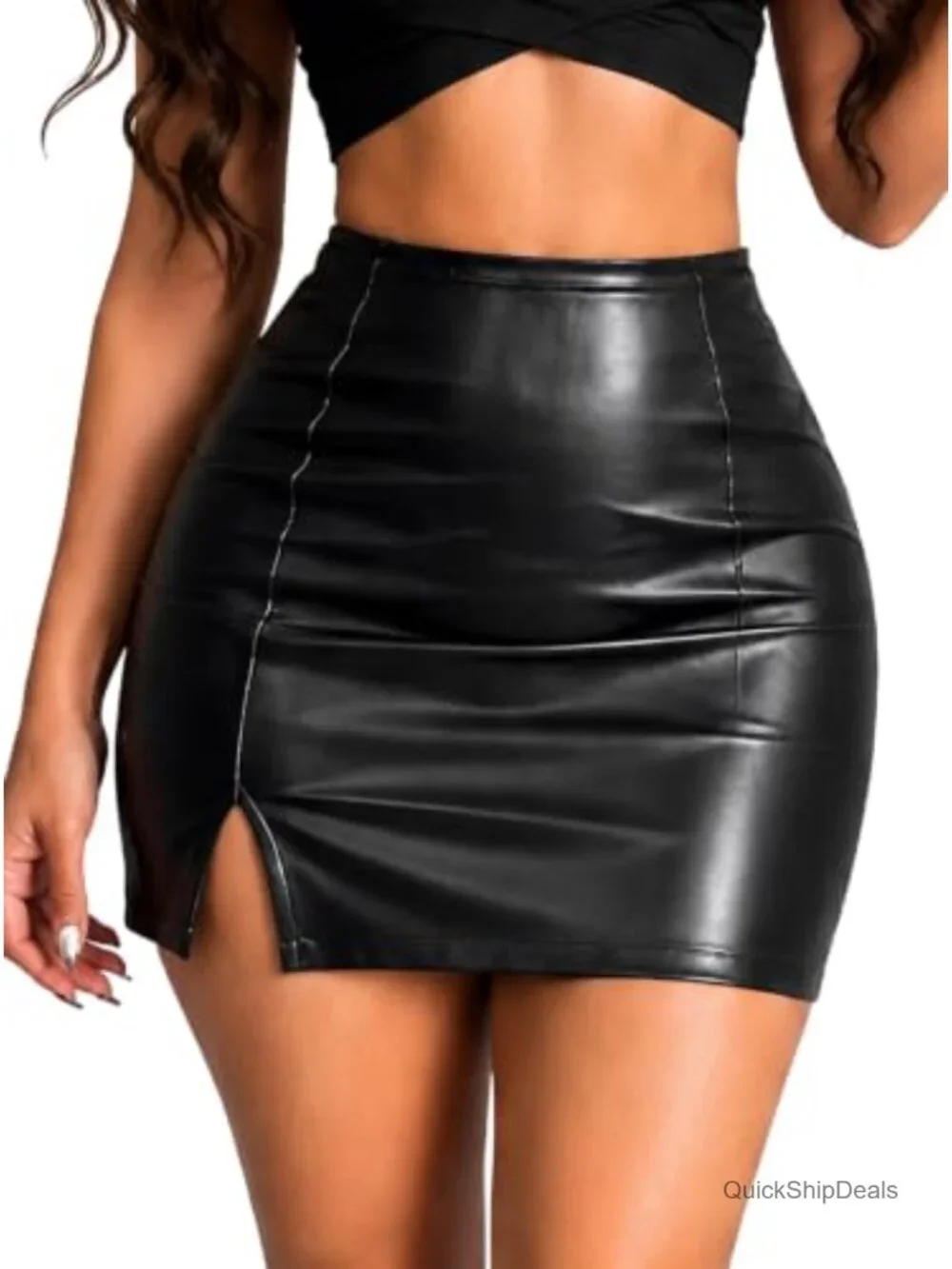 Faux Leather Side Slit Mini Skirt High Waisted Bodycon Pencil Slim Fit Party